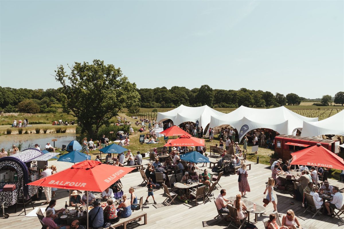 people out on the terrace at Balfour Winery in Kent enjoying our Rosé Festival